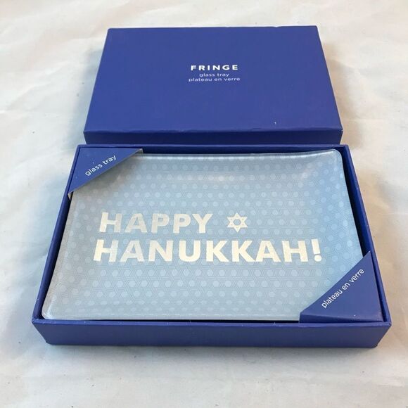 Happy Hanukkah! Tray Glass Holiday Blue Fringe Rectangle Catch All Unisex Decor - Picture 7 of 8